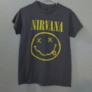 Nirvana Smiley Face Graphic Band T-Shirt Gray Yellow – Size Small